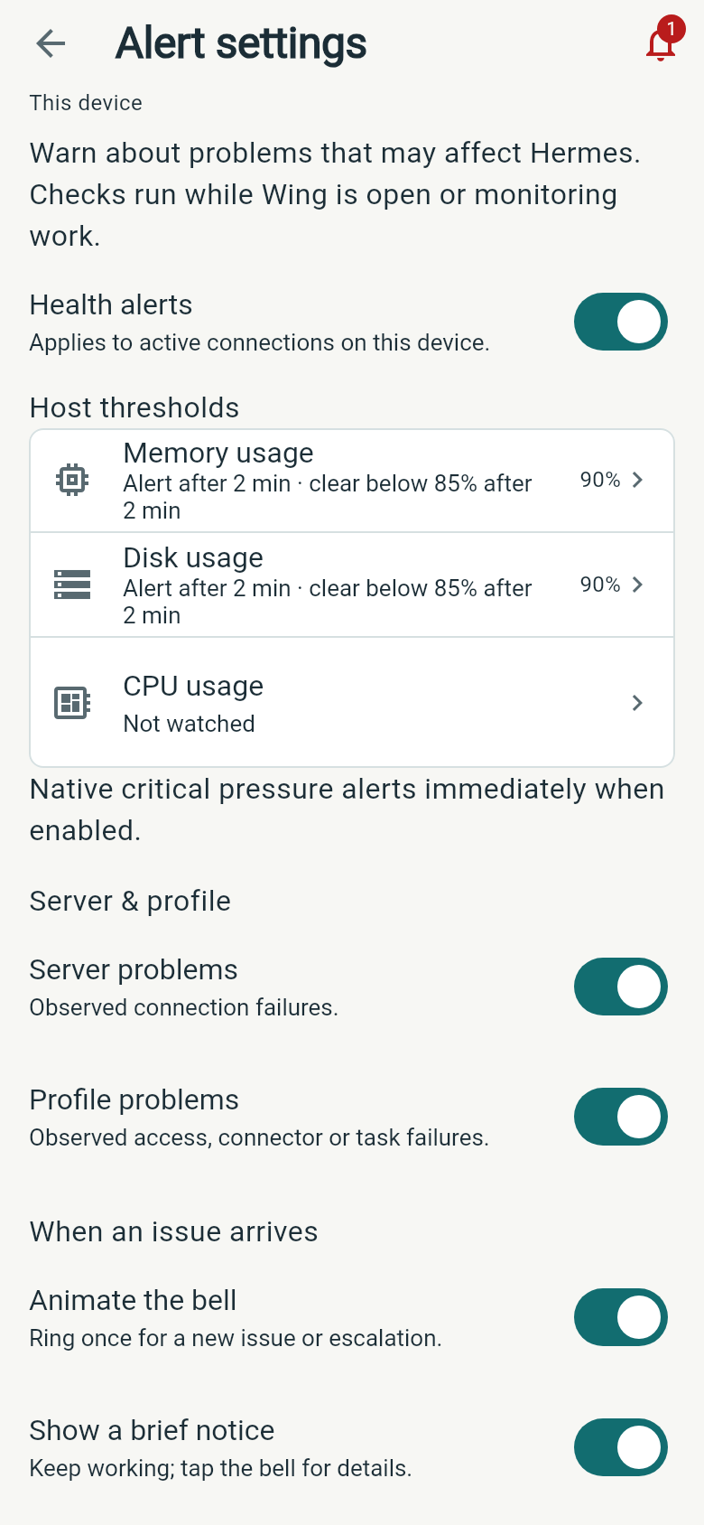 Wing Alert settings with host thresholds, backend and profile alerts, and notification controls