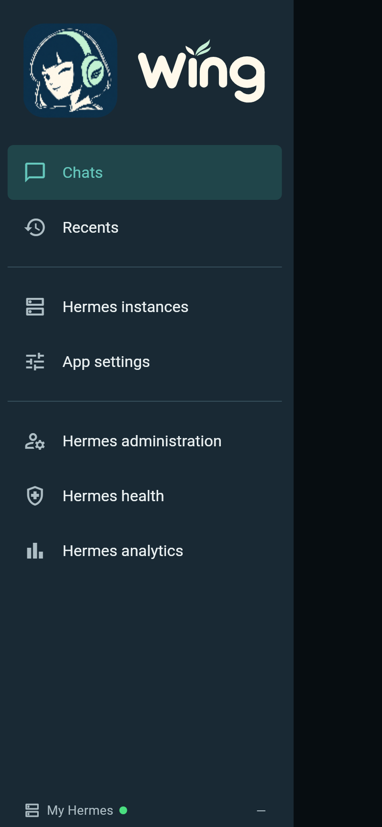 Wing screen navigator with Chats, Recents, Administration, Health and Analytics