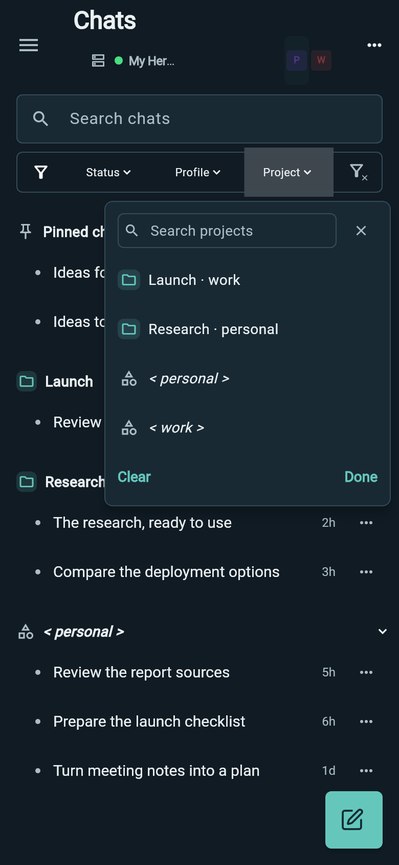 Wing Project filter showing Launch for work and Research for personal