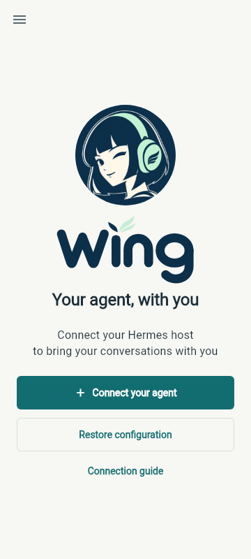 Wing welcome screen with Connect your agent