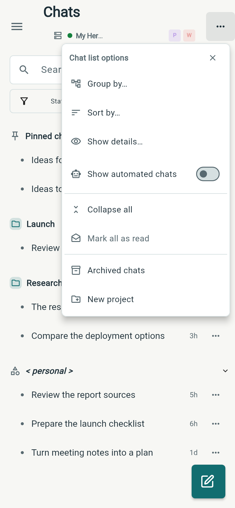 Wing chat view controls with Group by, Sort by and Show details